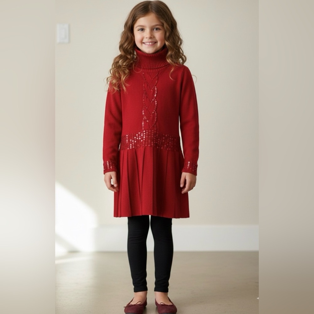 Girl Connection Red Turtleneck Sweater Dress Sequin Pleated Size 14-16